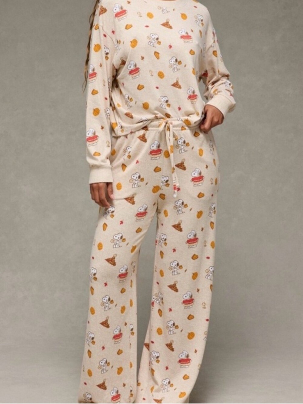American Eagle Fall Snoopy Pumpkin Pajama Set Size XL Soft Cozy Thanksgiving